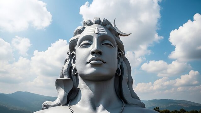 Close-up of the Adiyogi Shiva statue in Coimbatore, India, against a vibrant blue sky with fluffy white clouds and distant mountains.