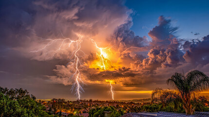 Dramatic lightning strikes illuminate a vibrant sunset sky filled with dark storm clouds over a serene suburban landscape showcasing nature's power and beauty
