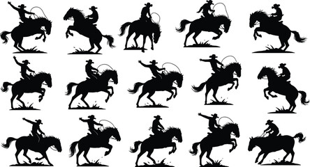 Dynamic silhouette collection of cowboys riding bucking horses with lassos, western rodeo action poses, wild west equestrian vector illustration for adventure and country-themed design projects