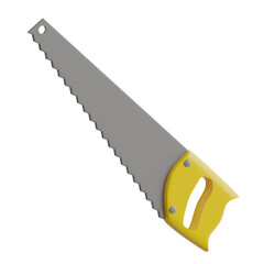 A yellow-handled hand saw with a grey blade, used for cutting wood and other materials.