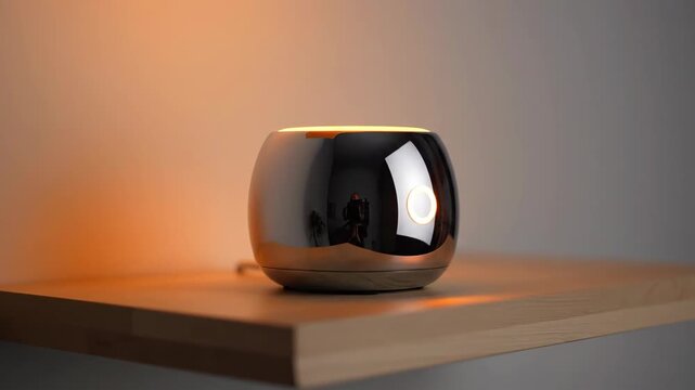 Modern aromatherapy diffuser sitting on wooden shelf, soft lighting