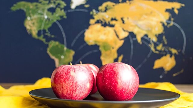 Three ripe red apples arranged on a black plate with a blurred world map background