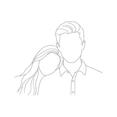 Minimalist line drawing of a loving couple where a woman leans her head on a man's shoulder, illustrating intimacy, comfort, and romantic relationship.
