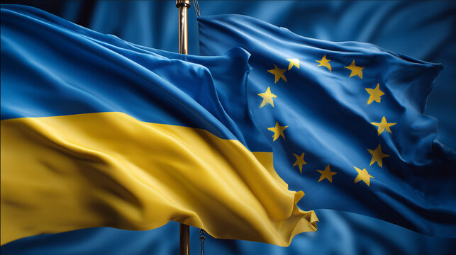 ukrainian flag and eu flag waving in the wind. ukraine membership goals for the european union