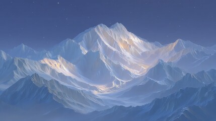 Fototapeta premium Majestic icy mountain range stretches under a dark blue twilight sky scattered with bright stars