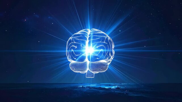 Abstract Digital Brain Illustration With Glowing Central Core Against Blue Background in Futuristic Technology Concept