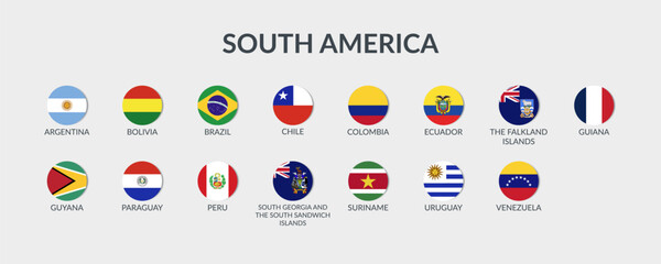 Flags of South America countries. Set of vector cliparts in flat style.