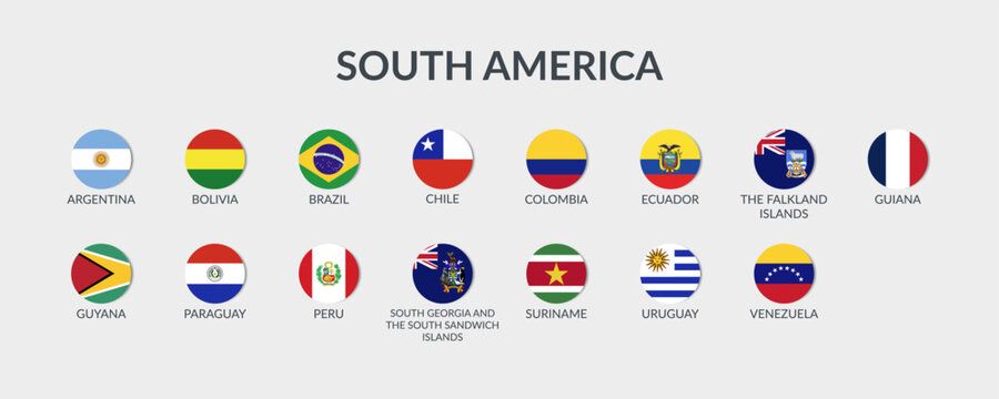 Flags of South America countries. Set of vector cliparts in flat style.