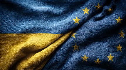 ukrainian flag and eu flag waving in the wind. ukraine membership goals for the european union