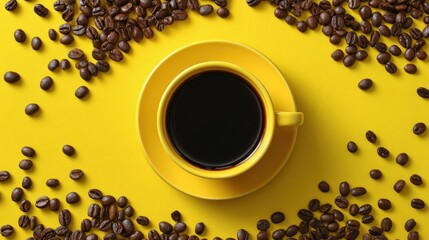 Bright yellow background showcases a cup of dark coffee surrounded by roasted beans from above