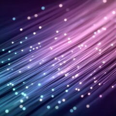 Abstract visualization of glowing blue and purple fiber optic threads carrying light signals with bokeh effect