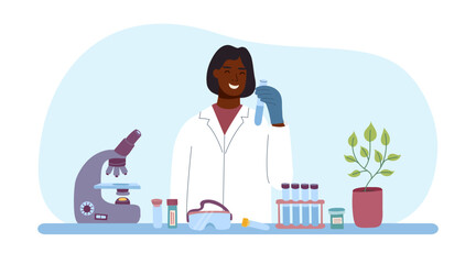 Female scientist in laboratory with test tubes and microscope. Concept of biotechnology, medical research, science. Vector flat illustration.