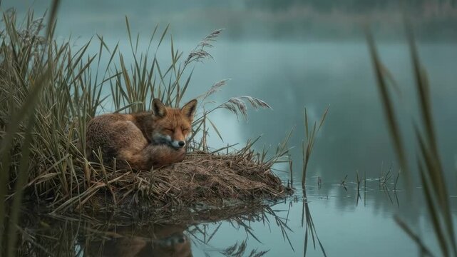 fox sleeping - A serene red fox lies curled on a small island surrounded by calm water and tall grasses, shrouded in morning mist that enhances the tranquil atmosphere
