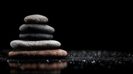 Stacked smooth dark river stones balanced on a reflective surface against a deep black background