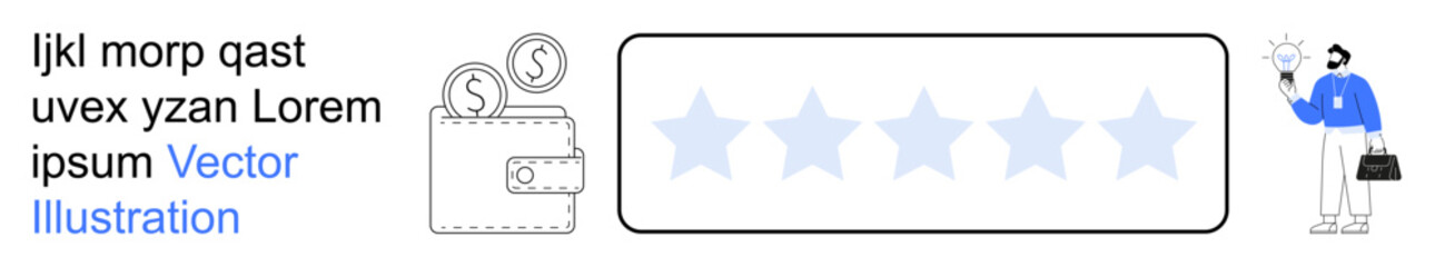 Obraz premium E-commerce, customer service, user feedback, online shopping, digital payment systems, financial technology. Wallet with coins, star rating business figure holding a lightbulb. E-commerce