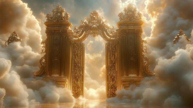 Ornate majestic golden gates open among clouds with rays of light shining through, symbolizing heaven, divinity, paradise, and spirituality in a breathtaking vision of eternity and celestial beauty.