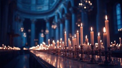 Numerous illuminated taper candles stand in antique holders within a large, dimly lit hall