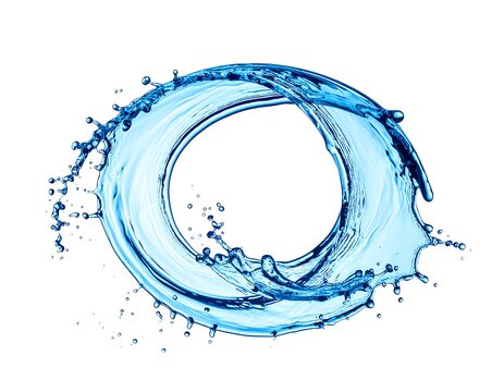 Circular splash of clear blue water in the shape of an oval, isolated on white background