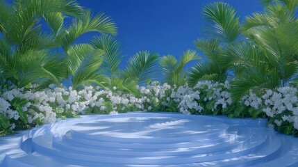 A circular tiered platform surrounded by lush green palm fronds and white flowering bushes under a clear blue sky