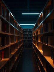 Obraz premium Empty library shelves, bathed in ethereal light, secrets waiting to be discovered, academic, shelves