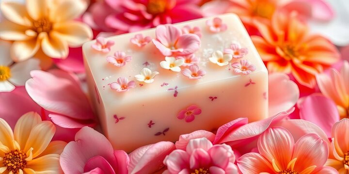 Delicate floral soap bar, pastel colors, petals, handmade, marigold