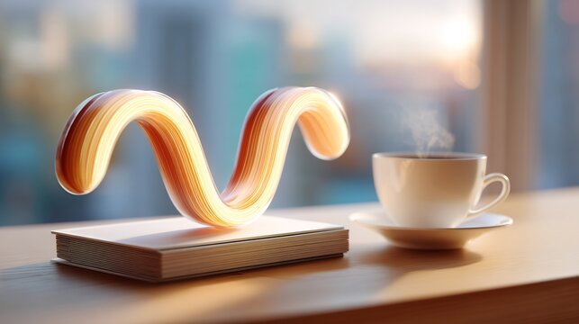 two, glowing, curves, balancing, symmetrically, above, minimalist, desk, notebook, coffee, soft, daylight, shallow, depth, field, premium, commercial, photography, create, explore, organize