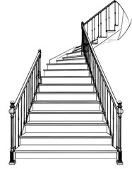 Fototapeta premium Black-and-white line drawing of a spiral staircase with detailed railings and steps