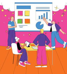 Creative Team Presenting Final Project Results with Charts and Visual Slides in a Studio Setting