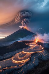 Majestic volcano erupting with flowing lava at sunset.