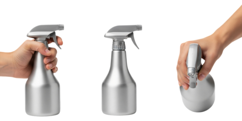 Silver spray bottle held in hand and shown isolated on transparent background ideal for cleaning product packaging household tools branding mockups cosmetic containers and domestic care visuals