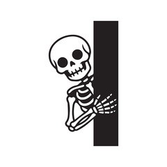 Peeking skeleton vector illustration. Funny cartoon skeleton character hiding behind a wall and waving, isolated on white background for Halloween decoration, sticker, or decal.
