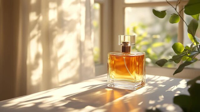 Elegant square perfume bottle filled with golden fragrance liquid on a table illuminated by natural sunlight, surrounded by plants, cosmetics, beauty care, luxury lifestyle, fashion products and style