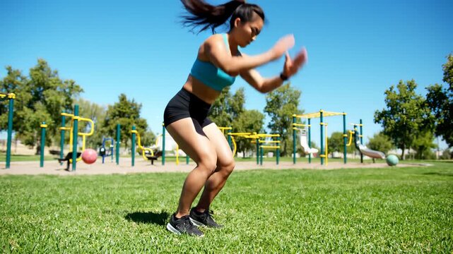 Athletic Woman Doing Burpees on Grass in Park on Sunny Day
