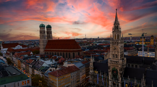 The view of landmark in munich with The New Town Hall at Marienplatz Square in Munich, Bavaria, Germany.	