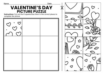 Valentine&rsquo;s Day picture puzzle cut and paste worksheets for kids K&ndash;3! Fun coloring puzzles designed to build fine motor skills. Perfect for classroom centers, homeschool, and holiday activities.