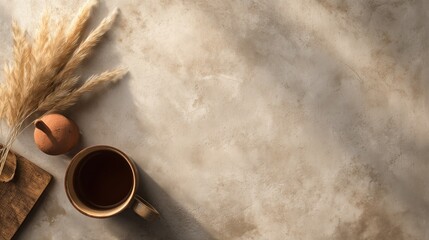 Overhead view of organic aesthetic workspace with 85% negative space, natural materials and golden hour lighting
