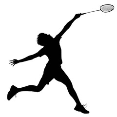 Silhouette of a male badminton player executing an overhead smash shot