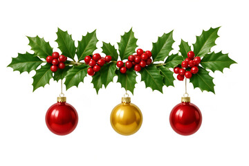 Festive Christmas border with green holly leaves red berries and hanging red and gold ball ornaments on white