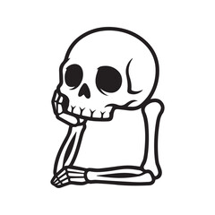 Lazy skeleton cartoon vector. Funny bored skull resting on its arm bone, a simple black and white line art illustration for Halloween, stickers, or decals.
