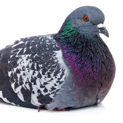 Close-up of a common pigeon, showcasing its colorful neck feathers and patterned wings
