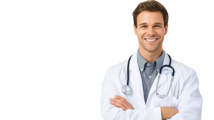 Smiling male doctor with crossed arms and stethoscope, isolated on white, png