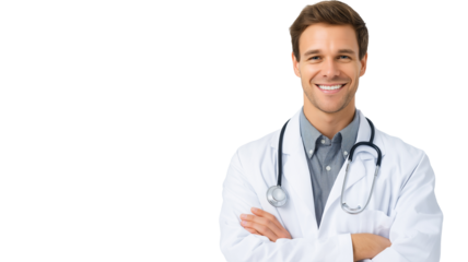 Smiling male doctor with crossed arms and stethoscope, isolated on white, png