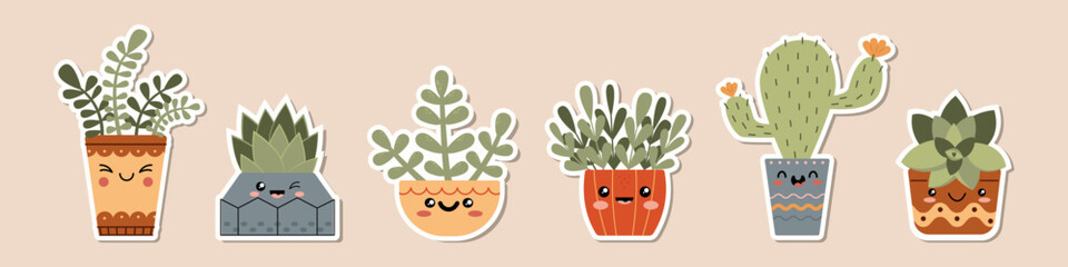 Cute succulents and cacti stickers and badges with funny faces set. Kawaii Funny succulent, cactus with cute face in flower pot. Cartoon floral characters. Vector house plants, flowers