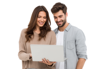 Happy young couple smiling and looking at a laptop together, isolated on white, png