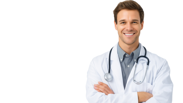 Smiling male doctor with crossed arms and stethoscope, isolated on white, png - Powered by Adobe