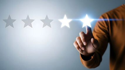 Customer gives four star rating experience feedback on service quality | Hand pointing and selecting 4 out of 5 glowing stars for excellent review | Online satisfaction survey rating scale visualizati