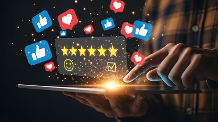 Customer leaving 5 star digital rating and positive online review | Hand touching glowing tablet interface for survey feedback | Social media likes and hearts symbols floating in cyberspace | Concept 