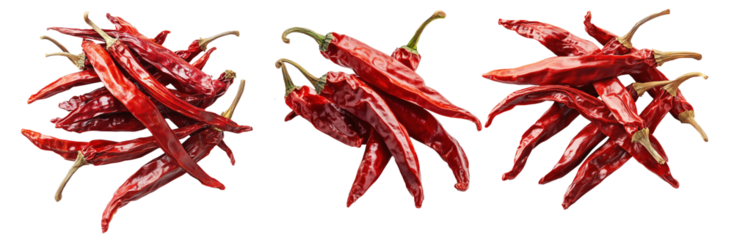 Fresh red chili peppers tied with string, isolated on a white transparent background. Spicy food and cooking ingredient concept