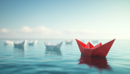 Obraz premium A red origami paper boat leading a line of white paper boats on a calm blue ocean, symbolizing leadership and individuality