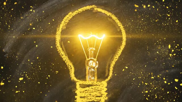 Glowing filament bulb with sparks and particles illuminating dark chalkboard background